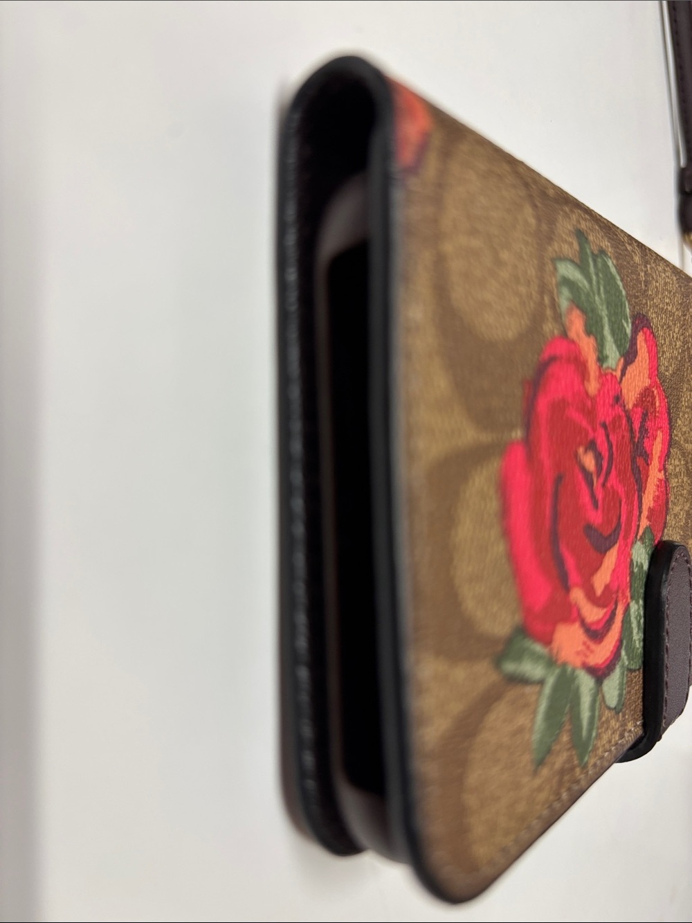 Coach Brown Signature Canvas Phone Wallet Case with Red Floral Print - Picture 8 of 10